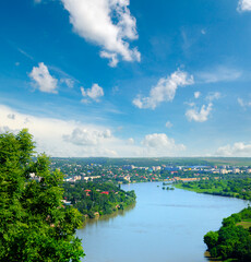 Obraz na płótnie Canvas Dniester river, hilly landscape and town of Soroca. Moldova.