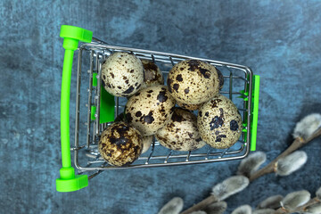 Easter background. Quail eggs in a cart on a dark background with pussy willow.