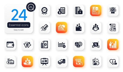 Set of Finance flat icons. Volunteer, Graph chart and Accounting elements for web application. Atm service, Credit card, World money icons. Decreasing graph, Wallet, Payment elements. Vector