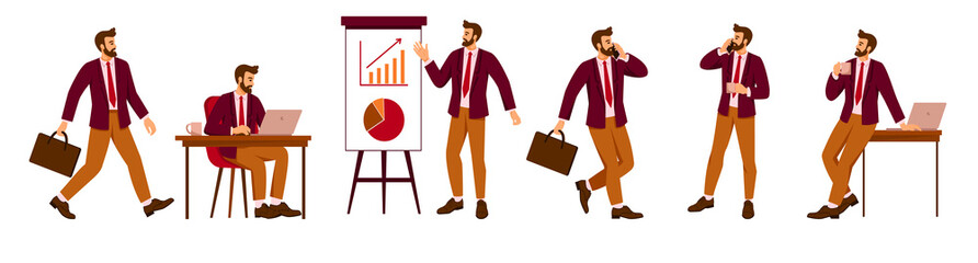 Business man in a suit and tie.Set of figures at the table with a laptop in the office. Manager, office worker. Vector illustration in cartoon style, isolated image