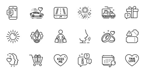 Outline set of Shopping cart, Fireworks and Sun line icons for web application. Talk, information, delivery truck outline icon. Include Honeymoon travel, Gps, Tickets icons. Vector