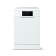 Realistic kitchen dishwasher with closed door. Modern household appliance dish washing machine