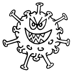 Coronavirus hand drawing with face isolated in black and white. Vectorized child illustration. Corona virus with laughing mouth and teeth. Covid 19 monster style.