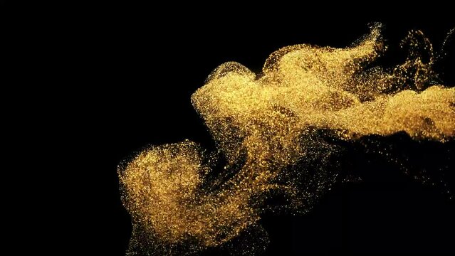 Sparkling glitter drops in water. Shiny golden particles swirling underwater in slow motion. Glamour art background. Abstract flowing glittering fluid liquid animation. Isolated on black