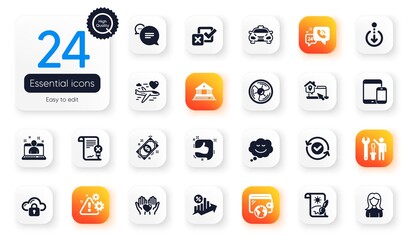 Set of Business flat icons. Repairman, Text message and Hold heart elements for web application. Speech bubble, Court building, Cloud protection icons. Checkbox, Wallet, Scroll down elements. Vector