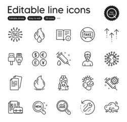 Set of Science outline icons. Contains icons as 5g technology, Medical mask and Fake news elements. Swipe up, Coronavirus vaccine, Money currency web signs. Recovery tool. Vector