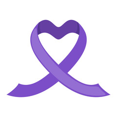 Purple ribbon icon in shape of heart in flat style isolated on white background.