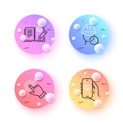 Health app, Inspect and Touchscreen gesture minimal line icons. 3d spheres or balls buttons. Engineering documentation icons. For web, application, printing. Vector