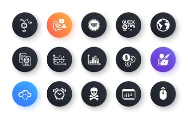 Minimal set of Calendar, Vaccination appointment and Cloud sync flat icons for web development. World planet, Tips, Stress icons. Money currency, Passport document. Circle buttons with icon. Vector