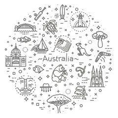 Vector graphic set. Australian culture, animals, traditions. Sign, element, emblem, symbol
