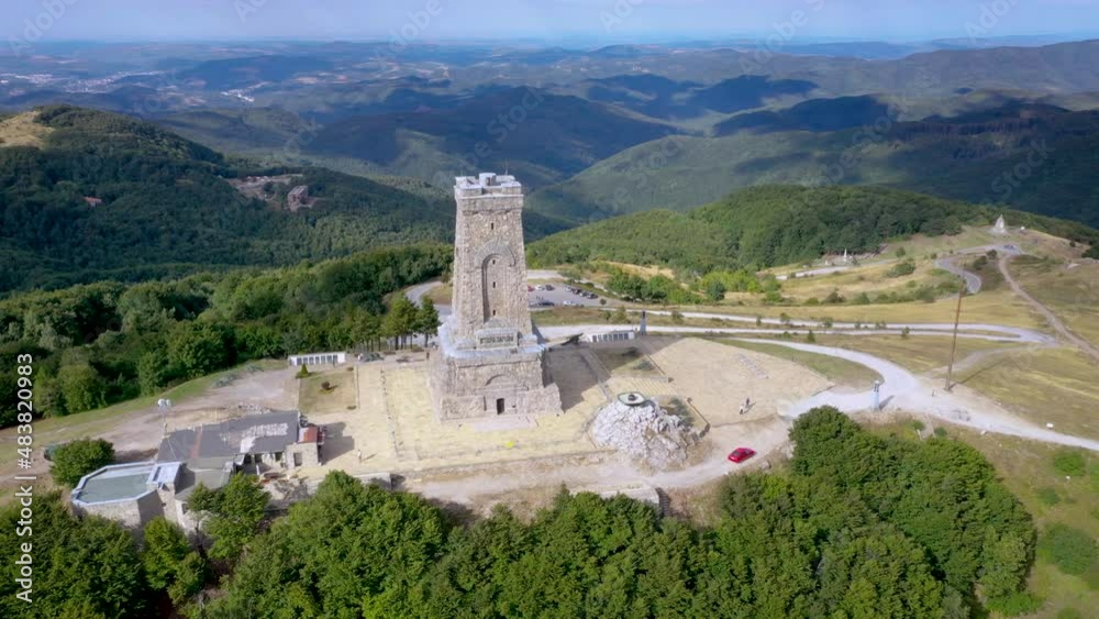 Poster Drone 4k video of Freedom Monument on a Stoletov on Shipka mountain pass in Balkan Mountains range, Bulgaria