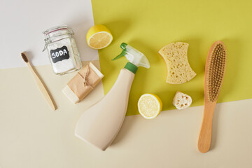 waste-free cleaning, non-toxic cleaning kit, eco-friendly life style, creative flat lay