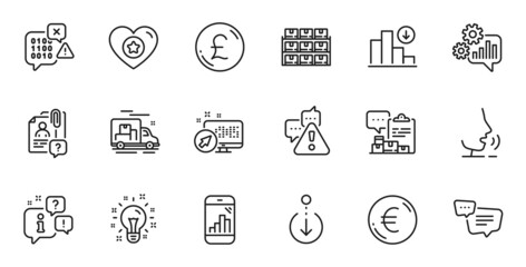 Outline set of Cogwheel, Decreasing graph and Boxes shelf line icons for web application. Talk, information, delivery truck outline icon. Include Pound money, Warning, Heart icons. Vector