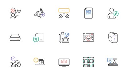 Mini pc, Meeting and Discounts calendar line icons for website, printing. Collection of Flight sale, Savings insurance, Document icons. Binary code, Cyber attack, Add team web elements. Vector