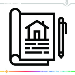 Line icon for housing mortgage illustrations with editable strokes. This vector graphic has customizable stroke width.