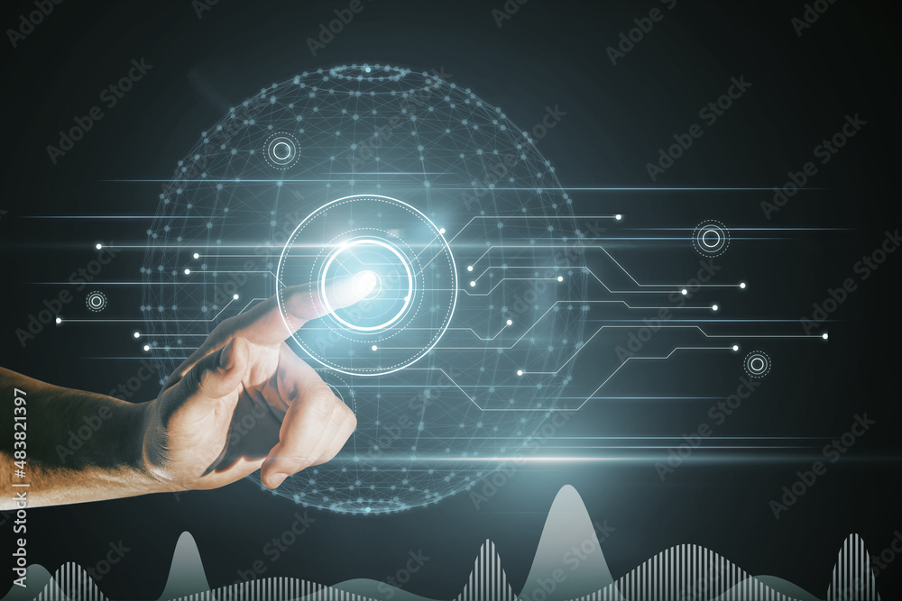 Poster close up of businessman hand pointing at abstract glowing polygonal sphere and digital business inte
