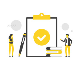 Clipboard with check mark and people. Flat vector illustration. Agreement, task complete, checklist, success, business solution. Document and tick. Modern concepts. Flat design
