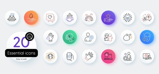 Simple set of Blood donation, Security and Lgbt line icons. Include Heart, Inspect, Cyber attack icons. Work home, Clean shirt, Global business web elements. Idea, Charging app. Vector