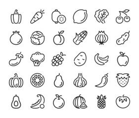 Fruits and vegetables icons set. Vector line icons, modern linear design graphic elements, outline symbols - obrazy, fototapety, plakaty