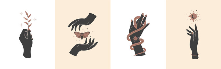 Magic hands with celestial mystical symbols. Spiritual boho elements with sun and snake and butterfly moth and plant. Esoteric mystical silhouettes for magic witchcraft. Vector illustration