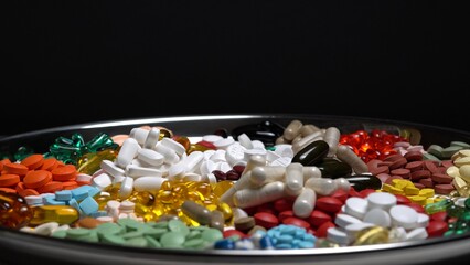Pills and medication capsules on the plate. Various prescription meds, liquid vitamins,...