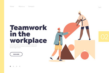 Teamwork at workplace concept of landing page with colleagues team partners help working together