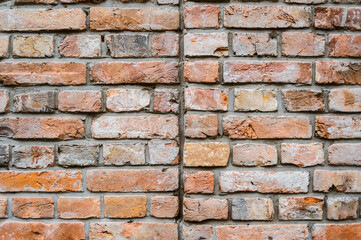 Closeup texture of a red brick wall.