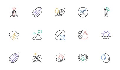 Apple, Mountain flag and Thunderstorm weather line icons for website, printing. Collection of Pecan nut, Sunset, Almond nut icons. Water glass, Safe water, Grow plant web elements. Vector