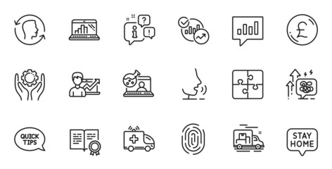 Outline set of Graph laptop, Stress grows and Face id line icons for web application. Talk, information, delivery truck outline icon. Include Employee hand, Certificate, Pound money icons. Vector