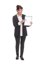 Senior caucasian business woman holding clipboard over isolated background