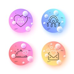 Inclusion, Love mail and Romantic dinner minimal line icons. 3d spheres or balls buttons. For ever icons. For web, application, printing. Equity rainbow, Valentines letter, Restaurant food. Vector