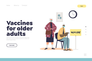 Vaccines for older adults concept of landing page with senior man and woman wait for vaccination