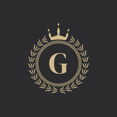Initial Letter G Heraldic Royal Frame with Crown and Laurel Wreath. Simple Classic Emblem. Round Composition. Graphics Style. Art Elements for Logo Design Vector Illustration