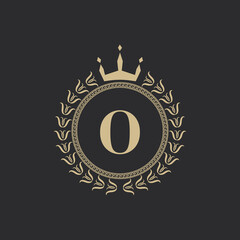 Initial Letter O Heraldic Royal Frame with Crown and Laurel Wreath. Simple Classic Emblem. Round Composition. Graphics Style. Art Elements for Logo Design Vector Illustration
