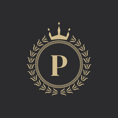 Naklejka premium Initial Letter P Heraldic Royal Frame with Crown and Laurel Wreath. Simple Classic Emblem. Round Composition. Graphics Style. Art Elements for Logo Design Vector Illustration