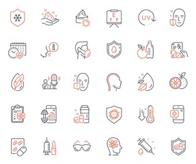 Healthcare icons set. Included icon as Medical vaccination, Hypoallergenic tested and Uv protection web elements. Cardio calendar, Sun cream, Face attention icons. Orange. Vector