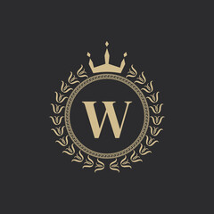 Initial Letter W Heraldic Royal Frame with Crown and Laurel Wreath. Simple Classic Emblem. Round Composition. Graphics Style. Art Elements for Logo Design Vector Illustration