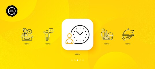 Fototapeta na wymiar Agent, Presentation time and Time management minimal line icons. Yellow abstract background. Food delivery, Cleaning icons. For web, application, printing. Vector