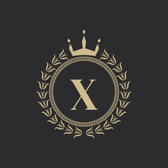 Initial Letter X Heraldic Royal Frame with Crown and Laurel Wreath. Simple Classic Emblem. Round Composition. Graphics Style. Art Elements for Logo Design Vector Illustration