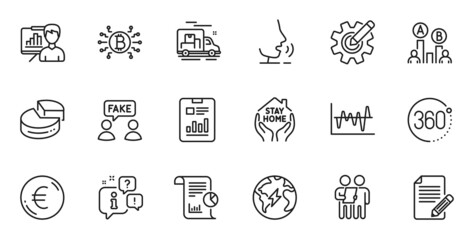 Outline set of Ab testing, Bitcoin system and Presentation board line icons for web application. Talk, information, delivery truck outline icon. Include Pie chart, Stay home, Survey icons. Vector