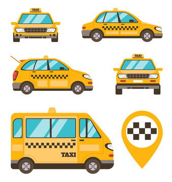 Different models of yellow taxi cab cars isolated set. Vector flat graphic design illustration 