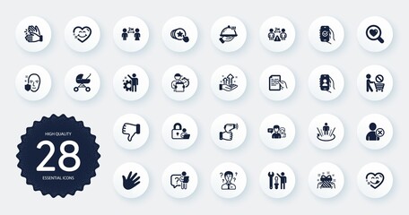 Set of People icons, such as Yummy smile, Delivery man and Dislike hand flat icons. Delete user, Social distancing, Augmented reality web elements. Support consultant, Hold document. Vector
