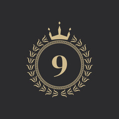 Naklejka premium Number 9 Heraldic Royal Frame with Crown and Laurel Wreath. Simple Classic Emblem. Round Composition. Graphics Style. Art Elements for Logo Design Vector Illustration