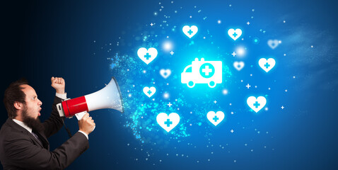 Young person with megaphone and healthcare icon