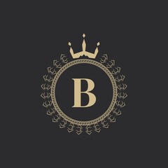 Initial Letter B Heraldic Royal Frame with Crown and Laurel Wreath. Simple Classic Emblem. Round Composition. Graphics Style. Art Elements for Logo Design Vector Illustration