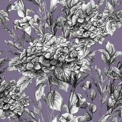 Seamless botanical black and white pattern with hydrangeas and herbs on a purple background drawn with watercolor and pencils for textiles and surface design