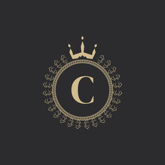 Naklejka premium Initial Letter C Heraldic Royal Frame with Crown and Laurel Wreath. Simple Classic Emblem. Round Composition. Graphics Style. Art Elements for Logo Design Vector Illustration