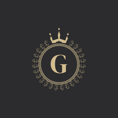 Initial Letter G Heraldic Royal Frame with Crown and Laurel Wreath. Simple Classic Emblem. Round Composition. Graphics Style. Art Elements for Logo Design Vector Illustration