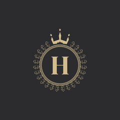 Initial Letter H Heraldic Royal Frame with Crown and Laurel Wreath. Simple Classic Emblem. Round Composition. Graphics Style. Art Elements for Logo Design Vector Illustration
