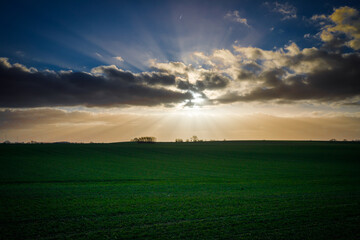 in the blue sky the sun rays shine over a green field